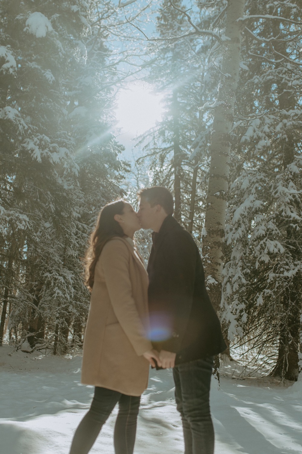 couple kissing under trees and sun during a winter engagement session in Kananaskis Alberta