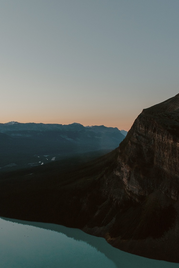 view from Big Beehive viewpoint just before sunrise at Lake Louise Alberta