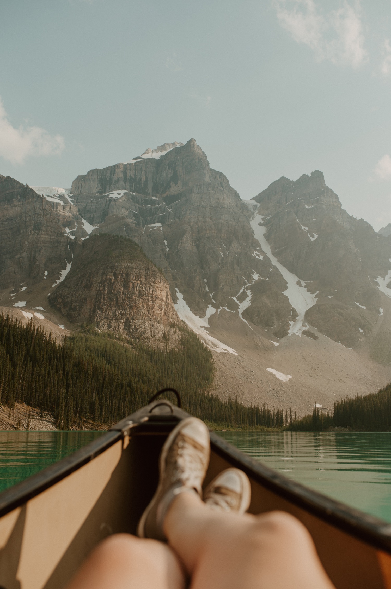 shot of some of the ten peaks surrounding Moraine Lake from a summer canoe trip