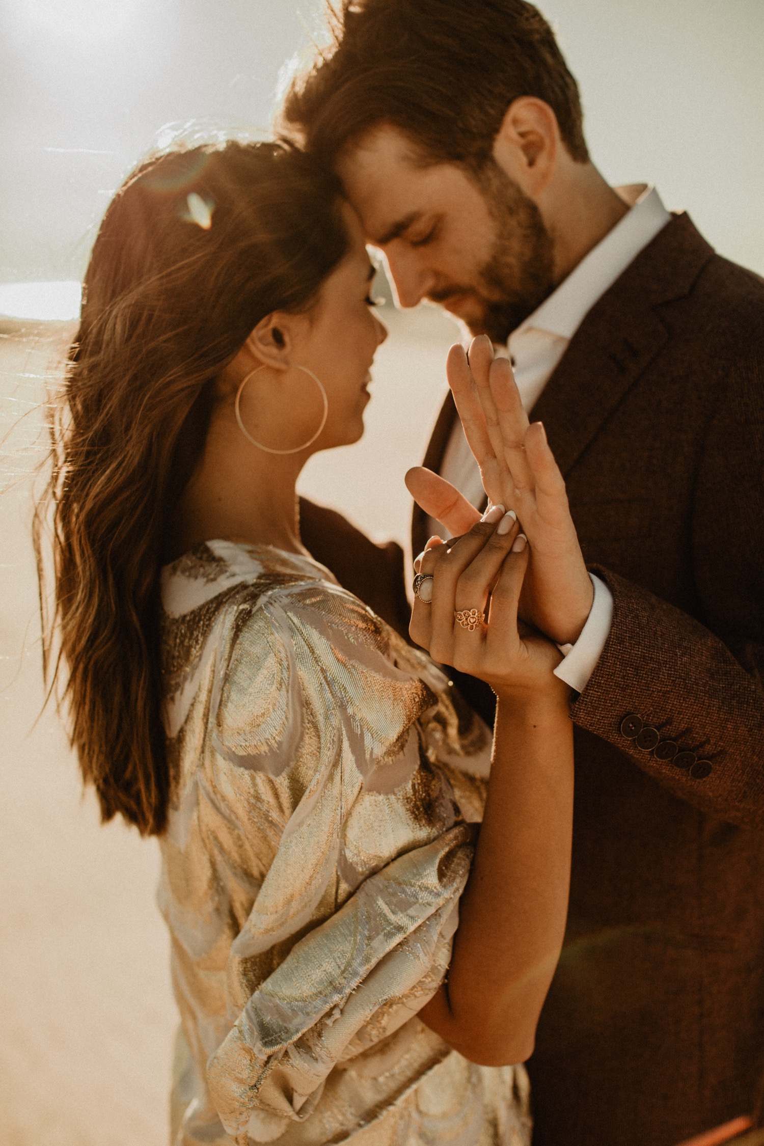 gold dress engagement photos Oscar Champagne Gold Satin Engagement Gown Perfect for Photo Shoots   sharon rose custom