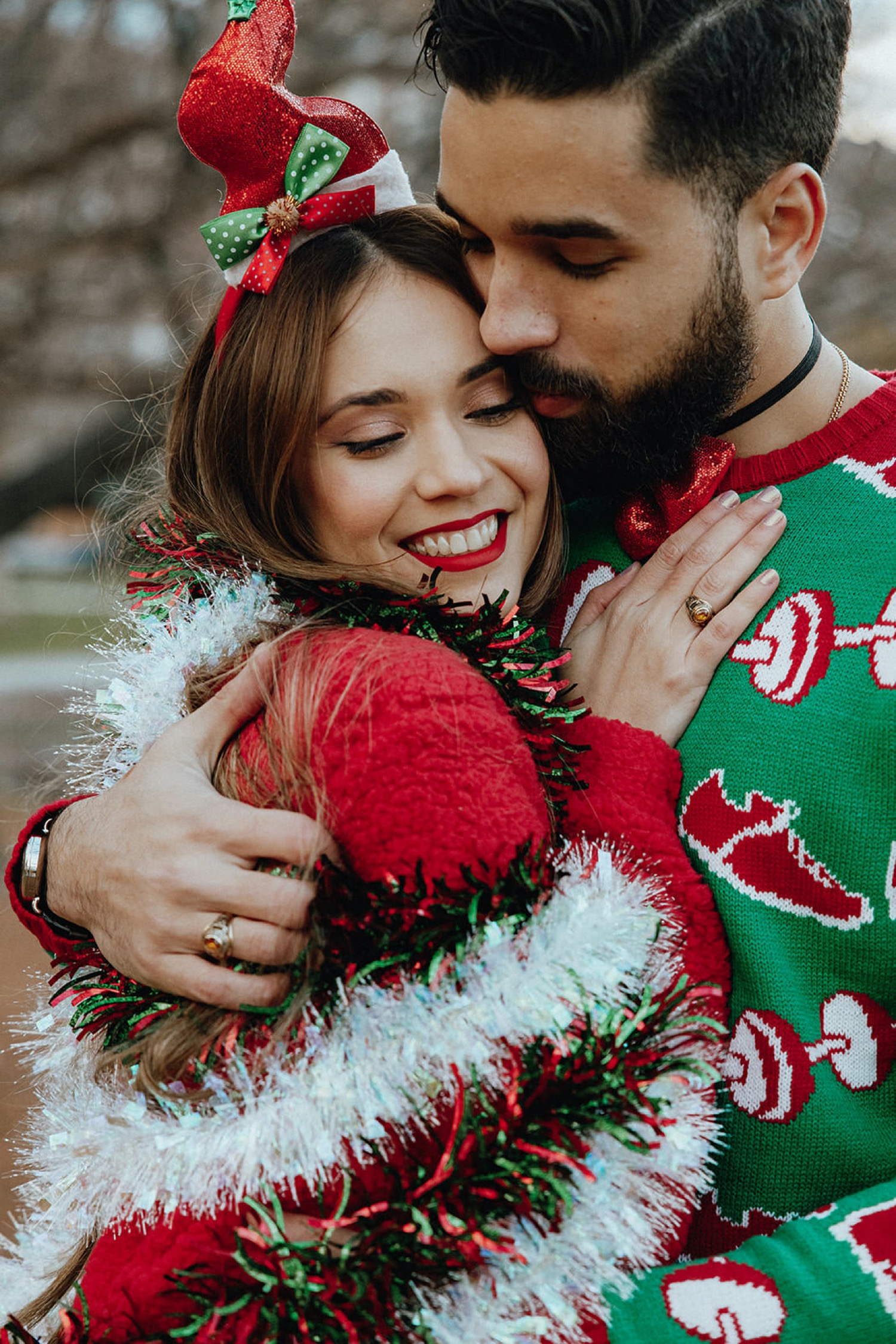 Tender couple in cozy home clothes posing becide Christmas tree Stock Photo  by ©DariYad 137711154