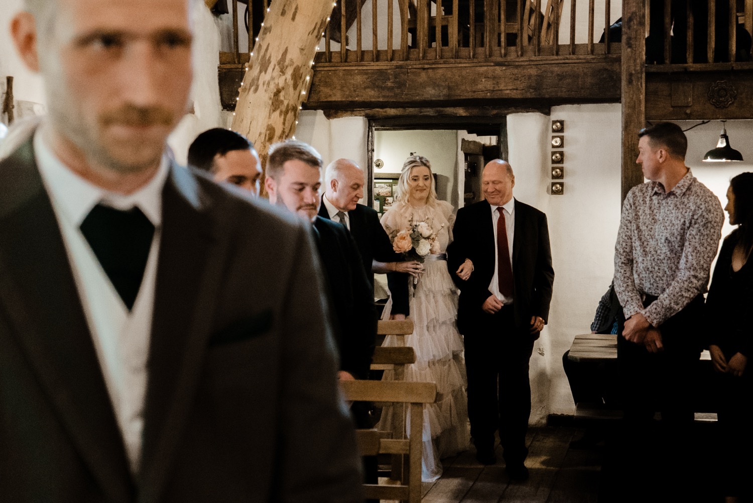 Appletreewick Cruck Barn Wedding Bride Arriving Groom