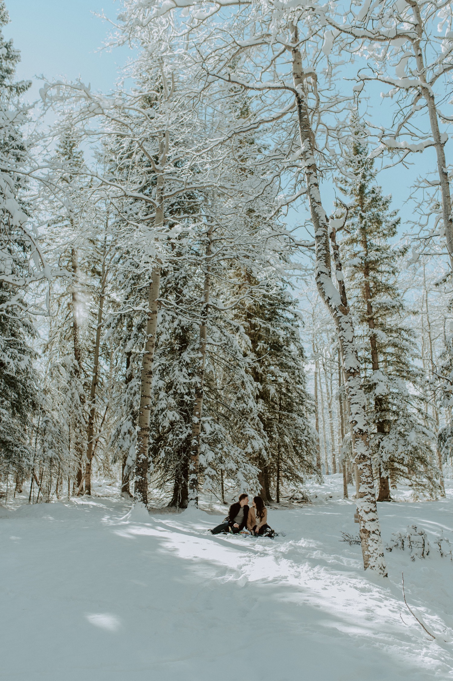 wide landscape shot of couple enjoying a winter picnic during a winter engagement session in the rocky mountains of Alberta